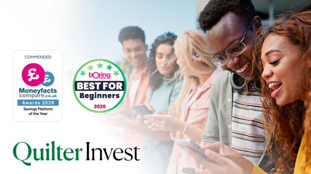 Quilter promotional banner with stock image of young multicultural people looking at their phones and talking